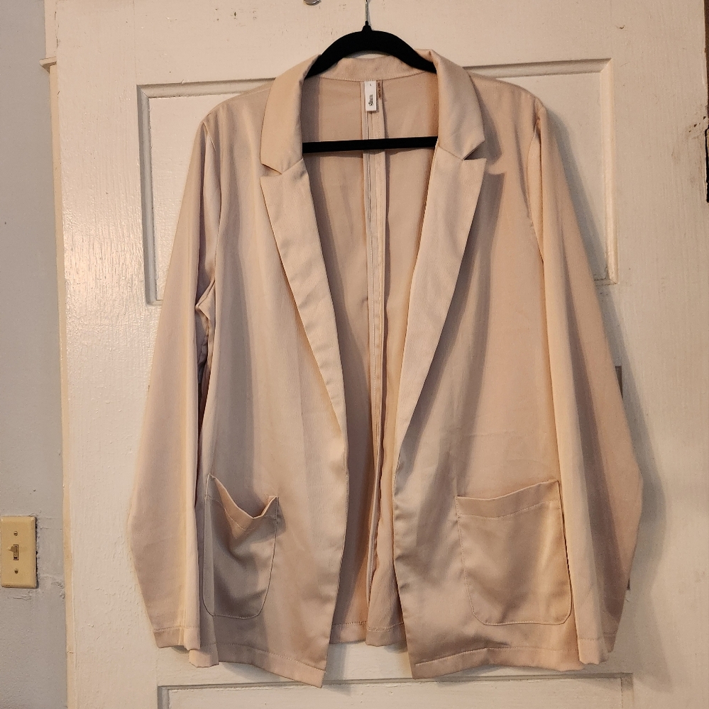 Glam Women's Open Blazer Cardigan, Cream / Gold, Sz L Shiny, Satin, Party EUC